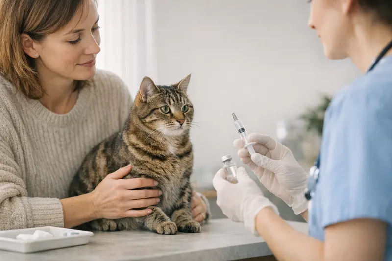 Katzenversicherung und Vorsorgeleistungen Eine Katze sitzt auf einem Tisch, während ein Tierarzt sanft mit ihr spricht und ihr die Möglichkeiten einer Katzenversicherung erläutert.