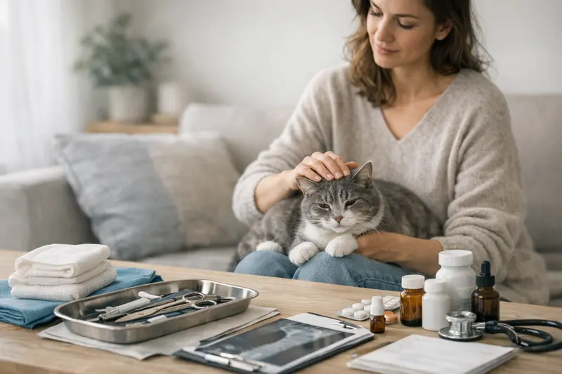 Eine Katze beim Tierarzt, die eine Untersuchung erhält, um den Unterschied zwischen OP-Schutz und Vollschutz bei der Katzenversicherung zu verdeutlichen.