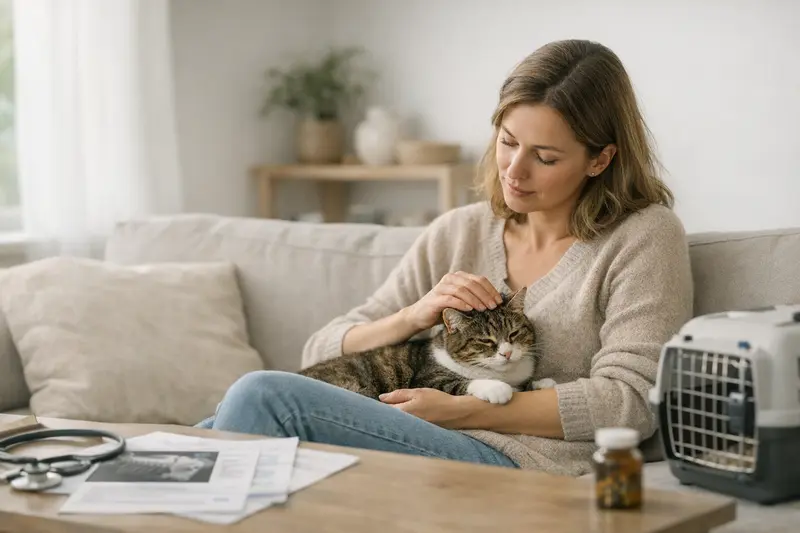 Katzenversicherung - Wann lohnt sie sich? Eine Katze beim Tierarzt, die hochblickt und besorgt wirkt