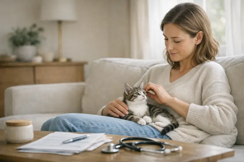 Junge gesunde Katze beim Spielen mit einem Spielzeug, symbolisiert die Lebensfreude und die Verantwortung der Tierhalter.