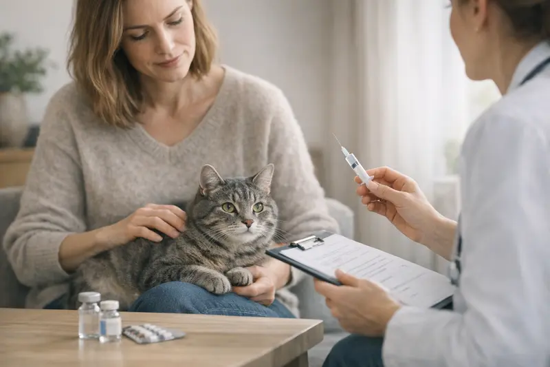 Tierarztbesuch zur Impfungen und Vorsorge für Katzen Eine Katze wird beim Tierarzt untersucht, um Impfungen zu erhalten und Vorsorge zu leisten.