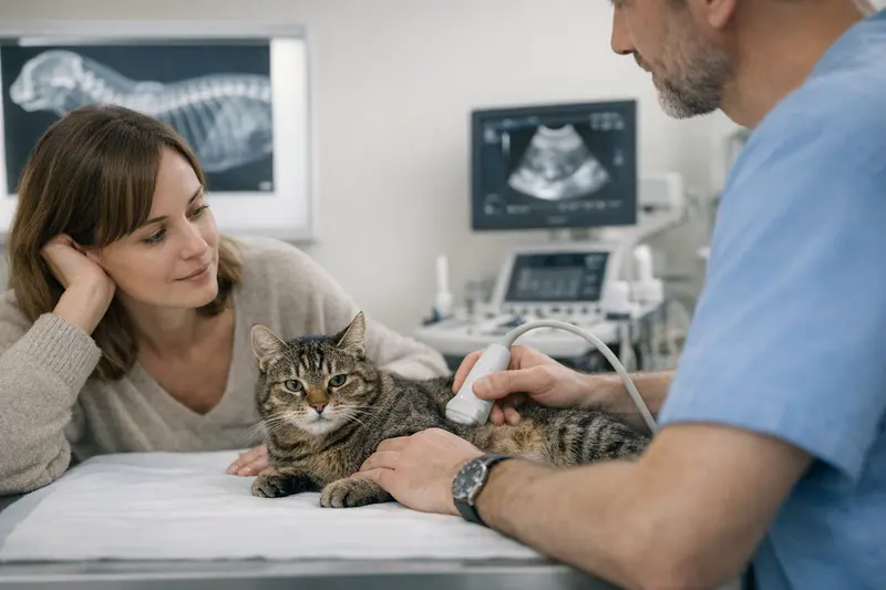 Tierarztuntersuchung einer Katze Eine Katze wird von einem Tierarzt für eine Blutuntersuchung untersucht.