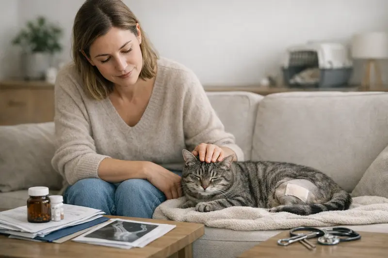 Eine Katze auf einem Tierarztstuhl während einer Untersuchung, symbolisierend für OP- und Krankenversicherung.