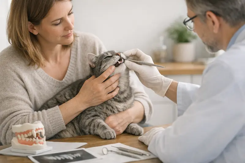 Eine Katze wird von einem Tierarzt während einer Zahnuntersuchung behandelt.