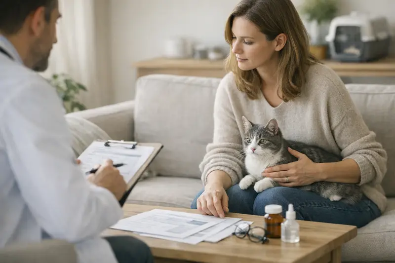 Eine Katze mit einem Tierarzt, die auf die Bedeutung von Tarifvergleich bei Katzenversicherungen hinweist.