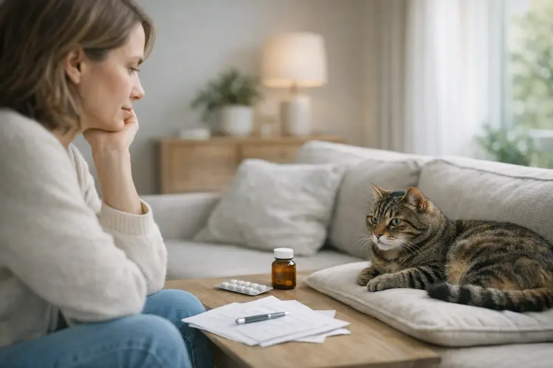Überprüfung von Katzenversicherungsbedingungen Katzenbesitzer prüft Vertragsbedingungen zur Katzenversicherung