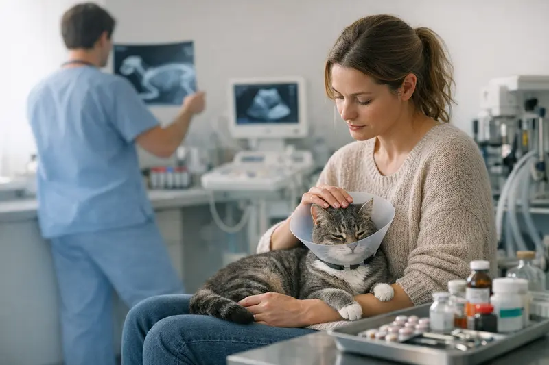 Tierarztkosten bei Katzen Eine Tierärztin untersucht eine Katze, während über relevante Tierarztkosten diskutiert wird.