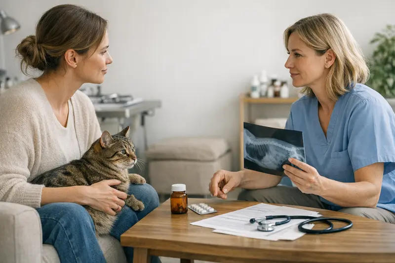 Eine Katze wird bei einem Tierarzt untersucht, um die Wichtigkeit einer Versicherung zu verdeutlichen.