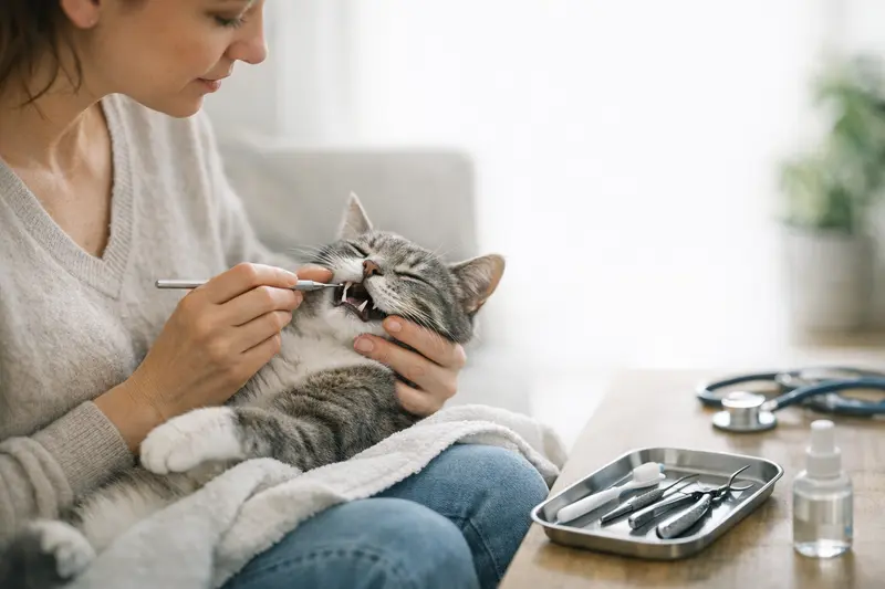 Zahnbehandlung bei Katzen Eine lächelnde Katze sitzt bei einer tierärztlichen Untersuchung zur Zahnbehandlung.