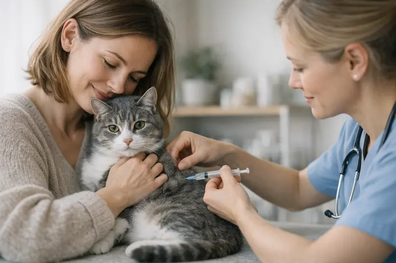 Tierarztbesuch für Katzenimpfung Eine Katze wird von einem Tierarzt geimpft, während der Besitzer mit Fragen zur Katzenversicherung vorbereitet ist.