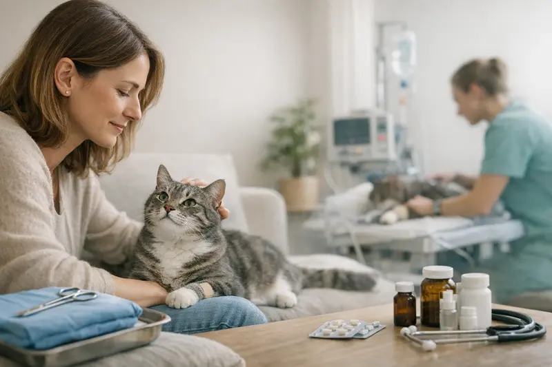 Unterschied zwischen OP-Schutz und Vollschutz bei Katzen Eine Katze beim Tierarzt zur ambulanten Untersuchung und Behandlung.