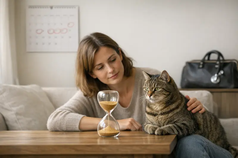 Katarina, eine graue Katze, sitzt auf einem Tisch und schaut neugierig. Die Szene symbolisiert die Wichtigkeit einer Katzenversicherung.