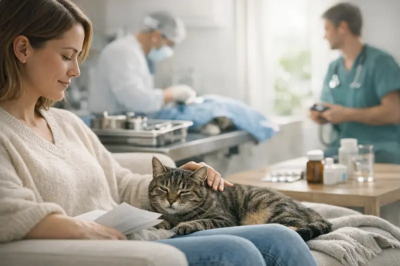Unterschied zwischen OP-Schutz und Krankenvollschutz für Katzen Katze beim Tierarzt, um den Unterschied zwischen OP-Schutz und Krankenvollschutz zu verdeutlichen.