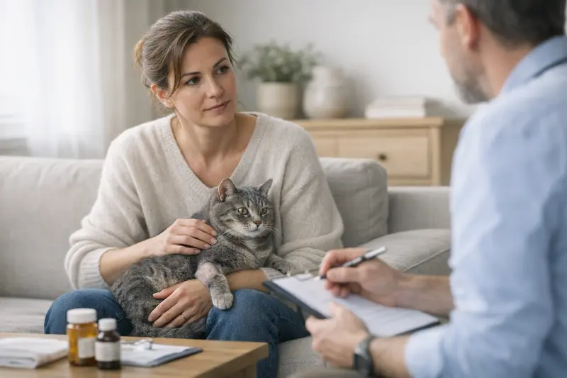 Katzenbesitzerin bespricht mit Tierarzt die Auswirkungen von Vorerkrankungen auf den Versicherungsschutz.