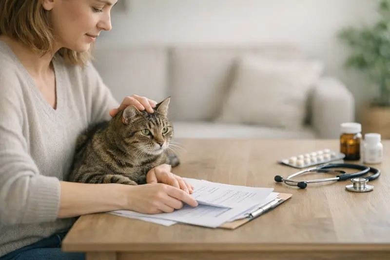 Eine Katze beobachtet ihren Besitzer, während dieser verschiedene Versicherungsangebote vergleicht.