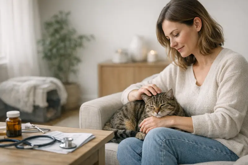 Eine gesunde Katze liegt entspannt auf einem Sofa und wird von ihrem Besitzer gestreichelt, was die Wichtigkeit der Katzenversicherung verdeutlicht.