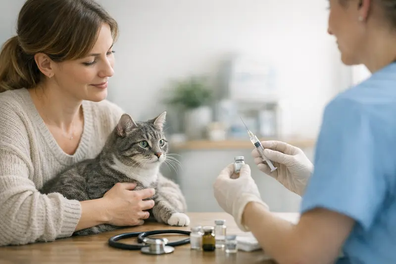 Katzenversicherung und Vorsorge Leistungen Eine gesunde Katze wird zum Tierarzt für Impfungen gebracht, symbolisiert durch eine Katzenversicherungsbroschüre.