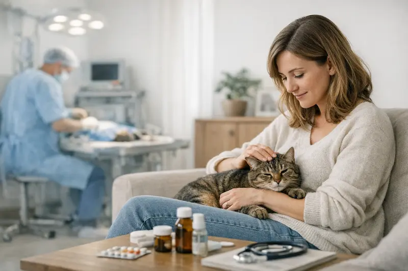 Unterschiede zwischen OP- und Krankenversicherung für Katzen Eine Katze bei einer tierärztlichen Untersuchung, die die Unterschiede zwischen OP- und Krankenversicherung veranschaulicht.