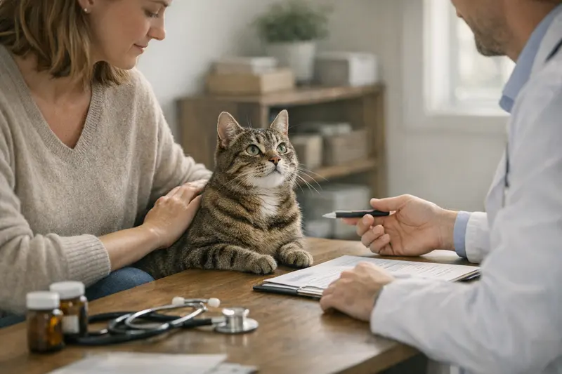 Tierarztkosten Katzenversicherung Eine Katze auf dem Untersuchungstisch beim Tierarzt, die mit Versicherungsdokumenten in Verbindung steht.