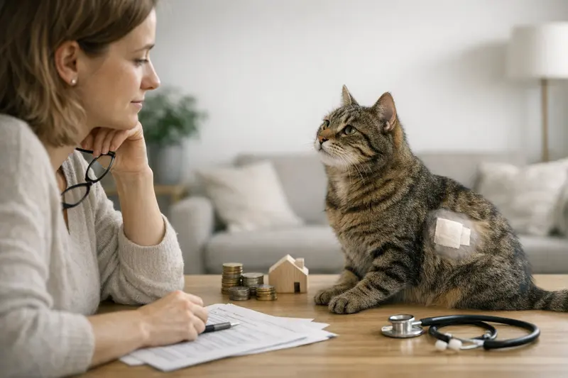 Eine Katze in einer Tierarztpraxis, die medizinisch untersucht wird, symbolisiert die Wichtigkeit von Katzenversicherungen.
