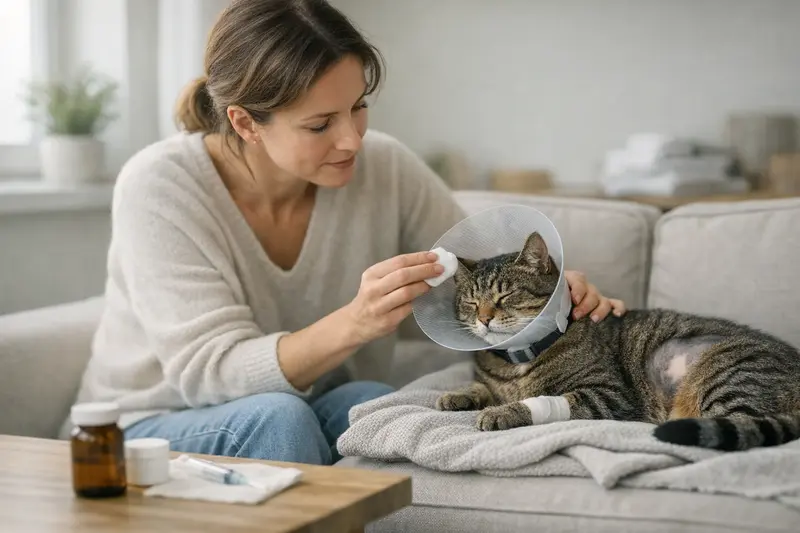 OP-Versicherung und Vor- und Nachbehandlungen bei Katzen Katzenbesitzerin bespricht die OP-Versicherung ihrer Katze mit einem Tierarzt.