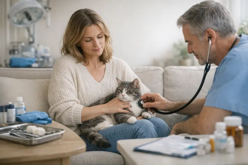 Unterschied zwischen OP-Versicherung und Krankenversicherung für Katzen Eine Katze beim Tierarzt, die behandelt wird, symbolisiert den Unterschied zwischen OP-Versicherung und Krankenversicherung für Katzen.