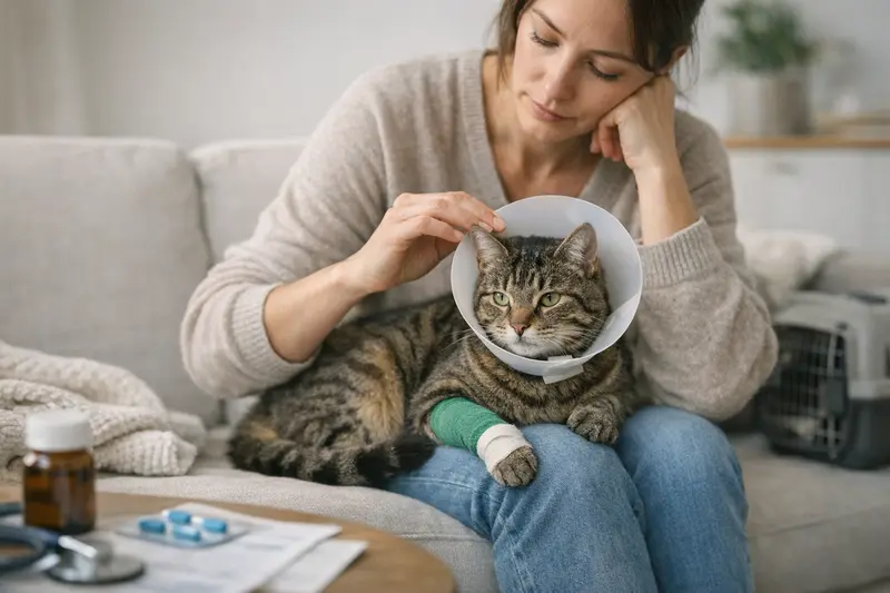 Tarifdetails Katzenversicherung im Fokus Katzenhalterin, die mit ihrem Tierarzt über tarifliche Details einer Katzenversicherung spricht.