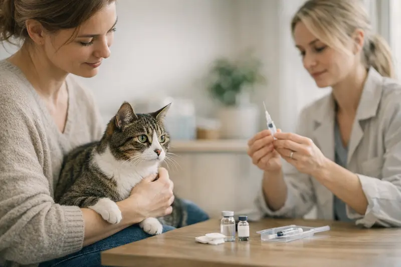 Tierärztin berät Katzenbesitzer über Impfungen und Vorsorgeleistungen in der Katzenversicherung.