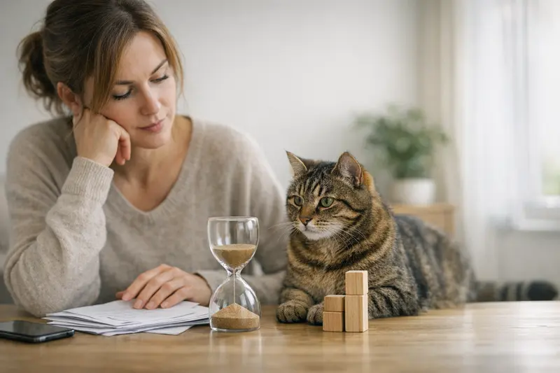 Wartezeiten und Limits in der Katzenversicherung Eine Katze sitzt entspannt auf einem Sofa, während ein Tierarztformular mit Wartezeiten und Limits für eine Katzenversicherung auf dem Tisch liegt.