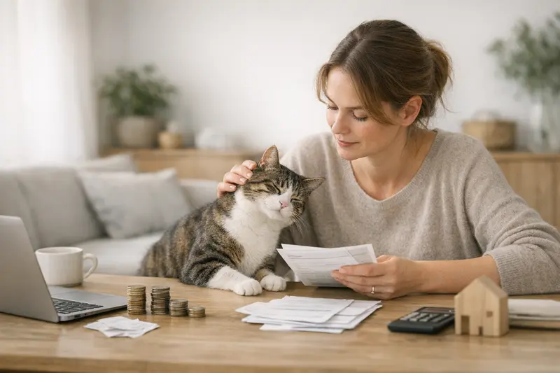 Katzenversicherung Selbstbeteiligung Eine Katze sitzt auf einem Tisch und schaut neugierig auf ein Dokument über Versicherungsoptionen.