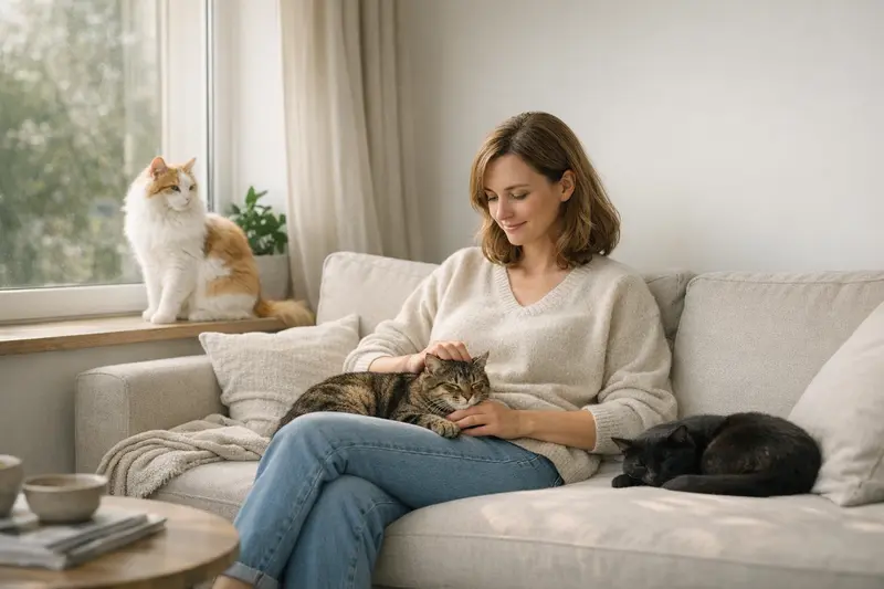 Vorteile einer Katzenversicherung für gesunde Katzen Glückliche Katzenbetreuerin mit zwei gesunden Katzen, die potenzielle Vorteile einer Katzenversicherung diskutiert.