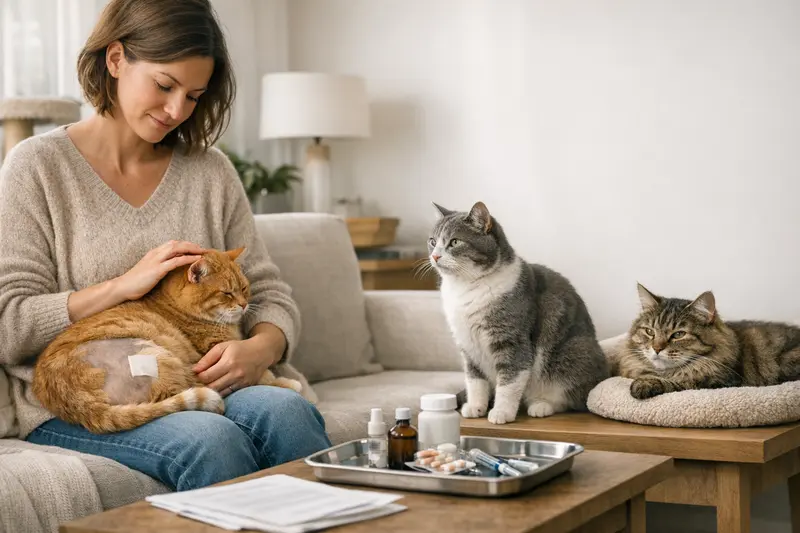 Katzen im Mehrkatzenhaushalt - Fragen zur Krankenversicherung Katzen in einem Mehrkatzenhaushalt spielen und sich wohlfühlen, während sich eine Katze für einen Tierarztbesuch vorbereitet.