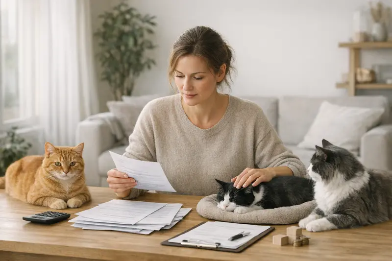 Zwei Katzen entspannen sich im Wohnzimmer, während Ideen zur Katzenversicherung ausgetauscht werden.