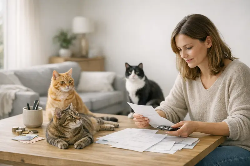 Katzenversicherung und Selbstbeteiligung Eine Katze wird von einem Tierarzt untersucht, um die Kosten für eine Katzenversicherung zu besprechen.