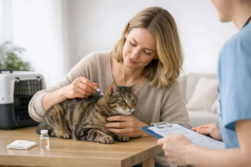 Tierarzt untersucht eine Katze zur Impfberatung im Rahmen einer Krankenversicherung.