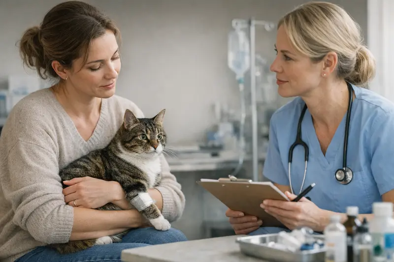 Tierarzt untersucht eine Katze vor der Operation, um die Notwendigkeit einer OP-Versicherung zu evaluieren.