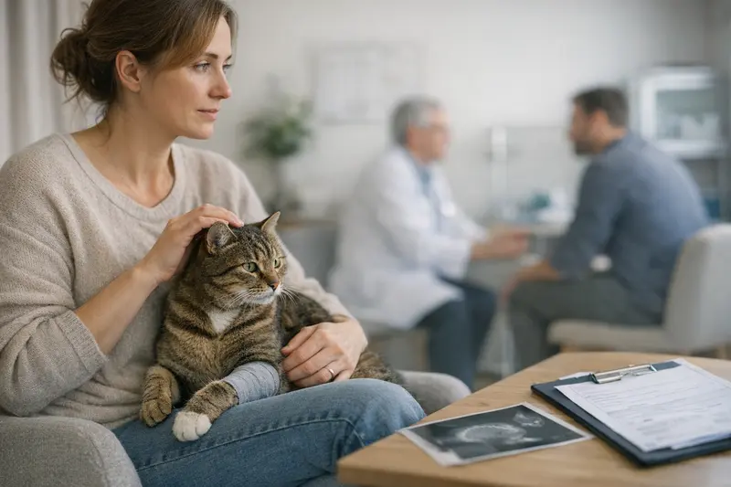 Eine Katze beim Tierarzt, die auf eine medizinische Untersuchung vorbereitet wird.