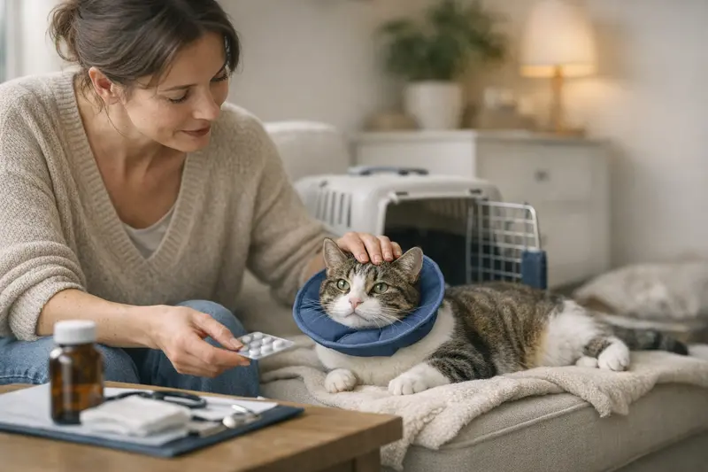 Katzenversicherung FAQs Eine Wohnungskatze entspannt auf einem Sofa, während über Versicherungsoptionen nachgedacht wird.