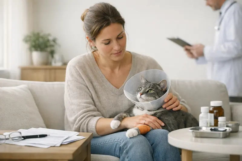 Eine Katze liegt entspannt auf einem Untersuchungstisch beim Tierarzt.