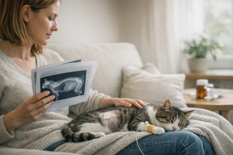 Eine Wohnungskatze entspannt auf einem Sofa, symbolisiert die Absicherung durch eine OP-Versicherung.