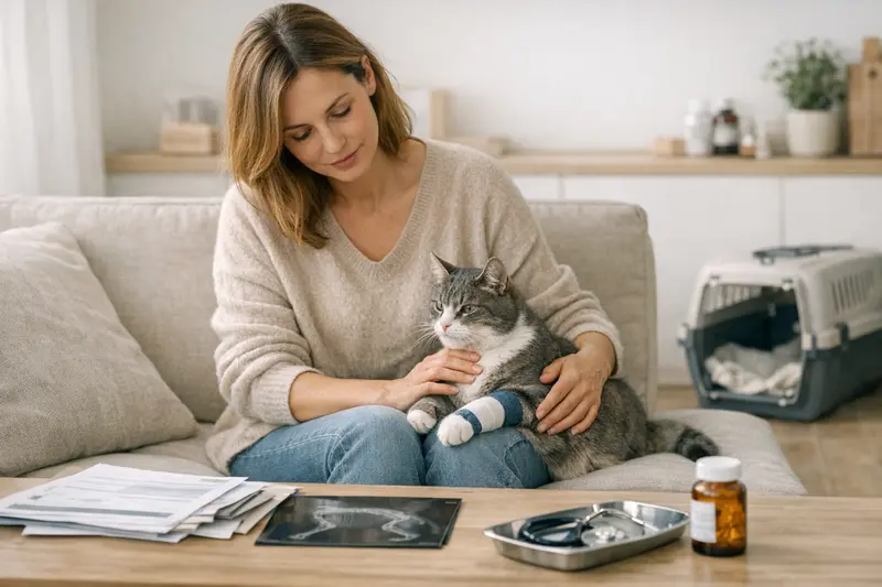 Eine Katze auf dem Tisch beim Tierarzt, die für eine Operation vorbereitet wird.