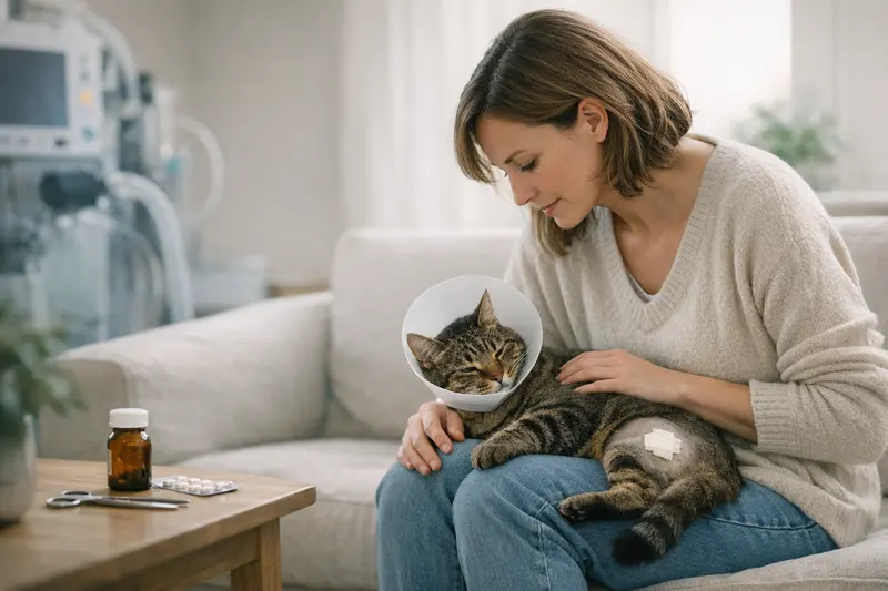 Katzen OP-Versicherung Beratung Eine Katze auf einem veterinärmedizinischen Untersuchungstisch während einer Beratung zur OP-Versicherung.