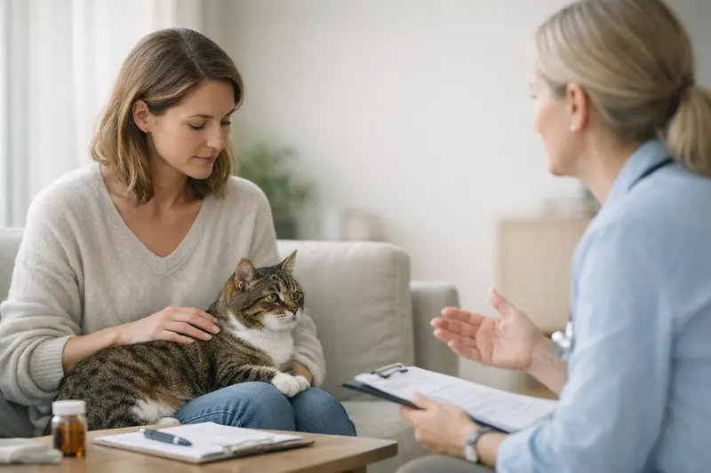 Katzenversicherung und Vorerkrankungen Eine Katze mit einem Gesundheitscheck beim Tierarzt, um die Versicherbarkeit von Vorerkrankungen zu klären.