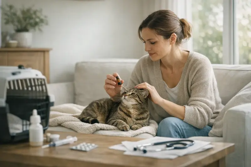 Tierarzt mit Katze bei Vorsorgeuntersuchung Katzengesundheit: Tierarzt untersucht eine Katze für Vorsorgeuntersuchungen und Impfungen