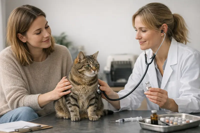 Check-up für Katzen – Vorsorgeleistungen verstehen Gesunde Katze beim Tierarzt für einen Check-up, um die Wichtigkeit von Vorsorgeleistungen in der Katzenversicherung zu verdeutlichen.
