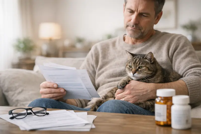 Katzenversicherung und Alter der Katze Eine ältere Katze wird von ihrem Halter beim Tierarzt untersucht, was die Bedeutung des Alters beim Abschluss einer Katzenversicherung verdeutlicht.