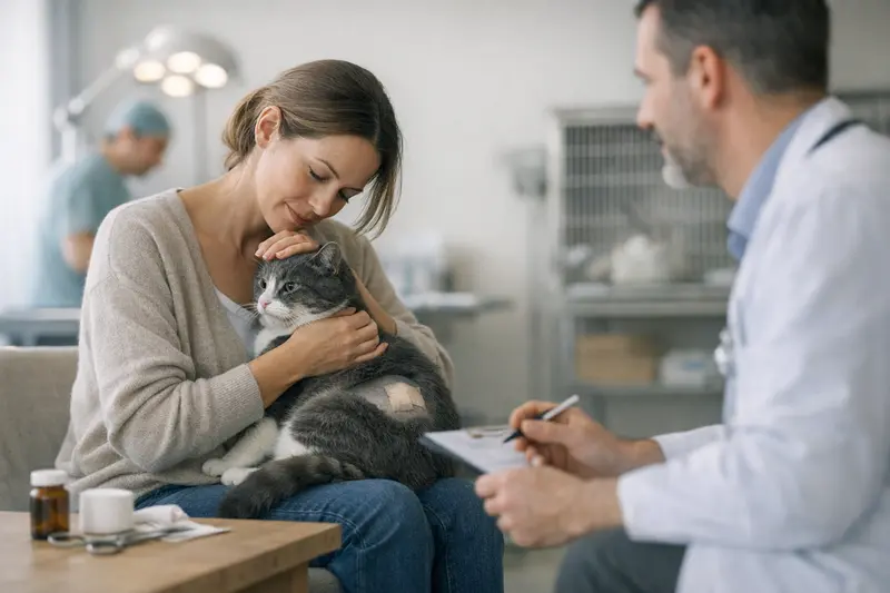 Eine Katze wird vom Tierarzt für eine bevorstehende Operation untersucht.