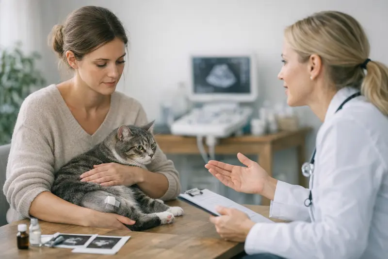 Katzenversicherung und OP-Versicherung Überblick Tierschutzsymbolik mit einer Katze, die beim Tierarzt untersucht wird und die Frage zu OP-Versicherungen behandelt.