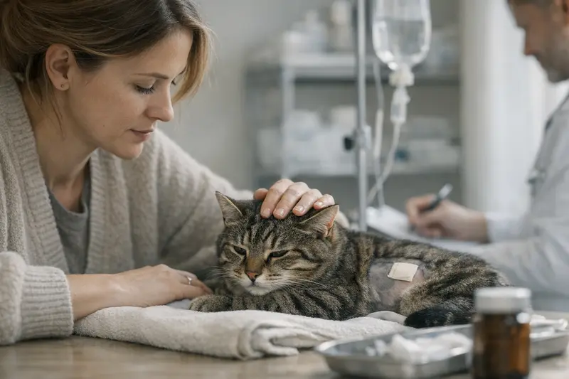 Voruntersuchung Katze Tierarzt Ein Tierarzt untersucht eine Katze vor einer Operation, um die besten Behandlungsmöglichkeiten zu besprechen.