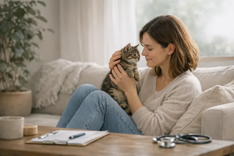 Bester Zeitpunkt für Katzenversicherung Eine besorgte Katzenbesitzerin diskutiert mit einem Tierarzt über den besten Zeitpunkt für eine Katzenversicherung.